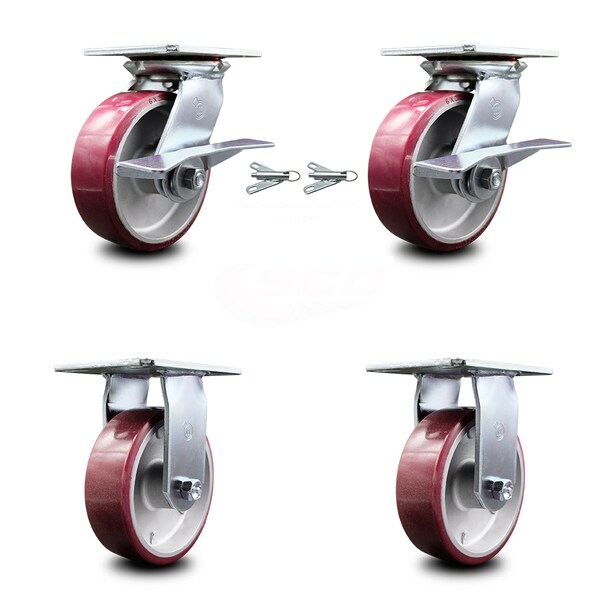6 Inch Poly on Aluminum Caster Brakes/Swivel Locks and 2 Rigid SCC, 2PK